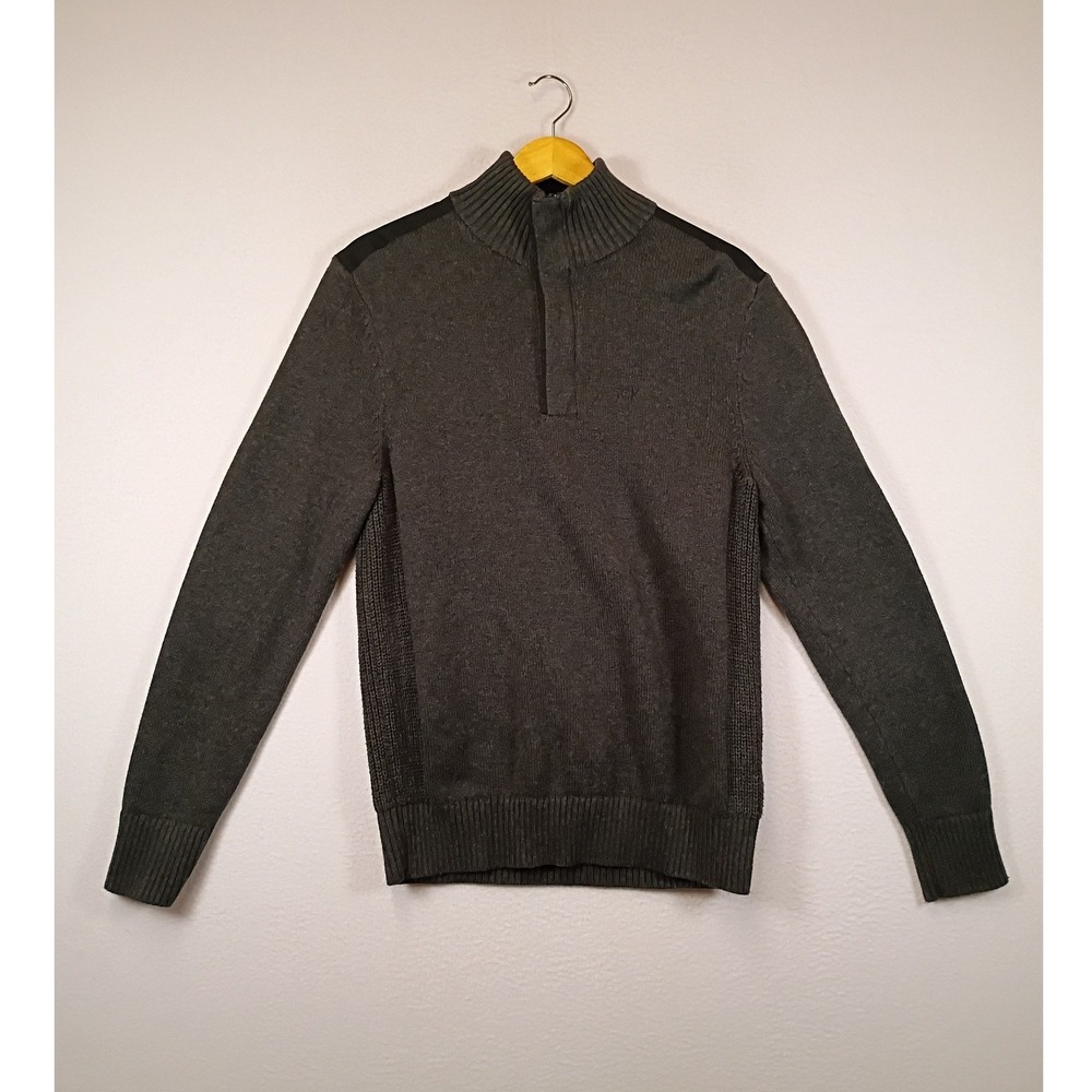 Minimalist Calvin Klein Mens Medium Grey Quarter Zip Mock‎ Neck Cotton Sweater